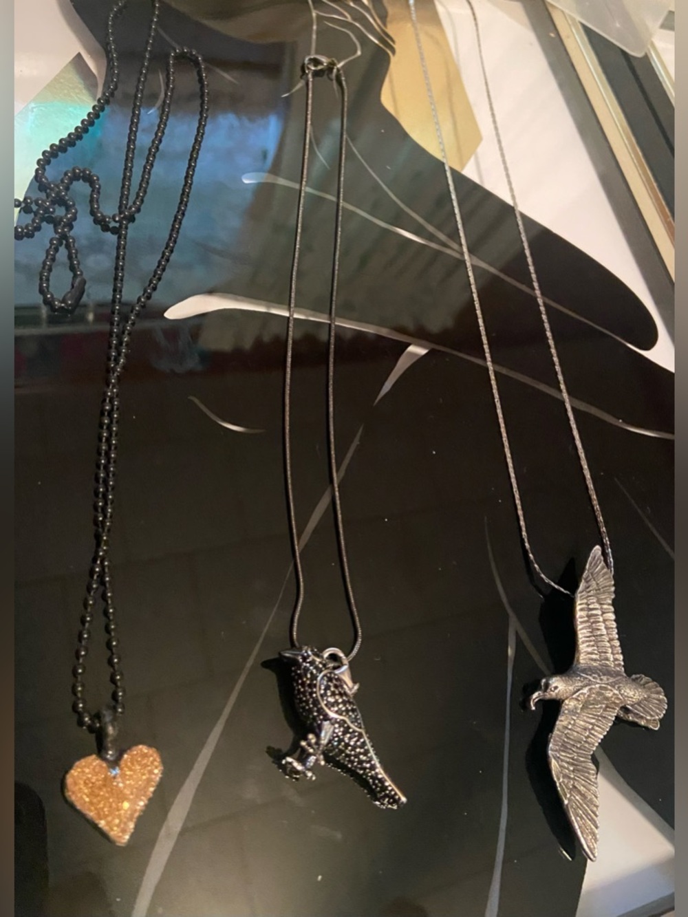 3Necklaces-1Black &Gold Heart, 1 Black Snake Chain w/Raven,& 1Bird Necklace #57